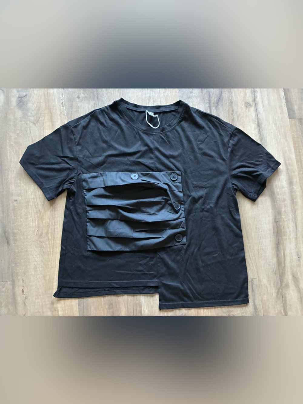 Black Short-Sleeve Women's Top with Buttoned Pocket Detail